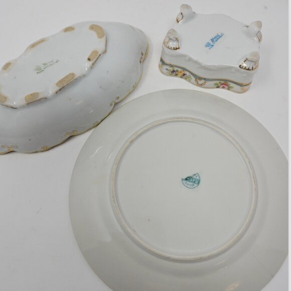 Lot 3 Antique Moriage Porcelain Nippon Wares Plate, Lidded Box & Bowl Japan - Picture 10 of 10